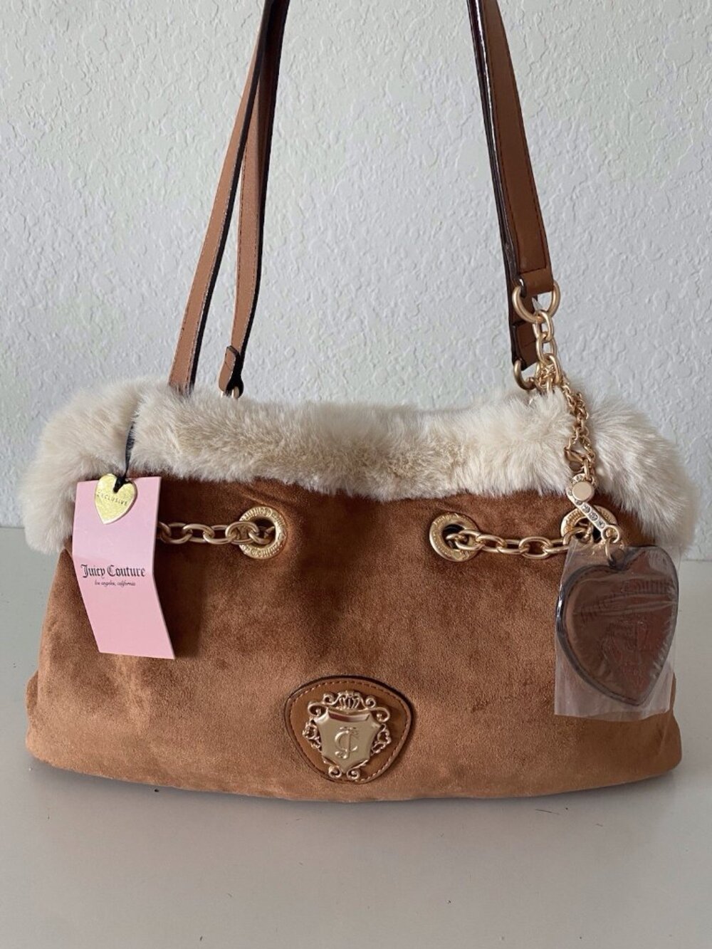 Juicy Couture Glamour Gang Satchel Bag Cinnamon Tan W/Furry Trim & Charm NEW
